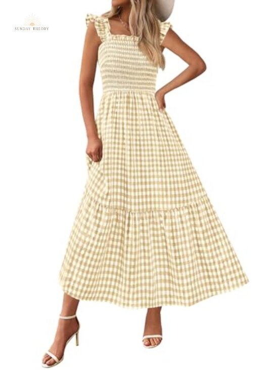 Dresses & Skirts - Women's Summer Midi Dress Ruffle Strap Square Neck Gingham Sundress